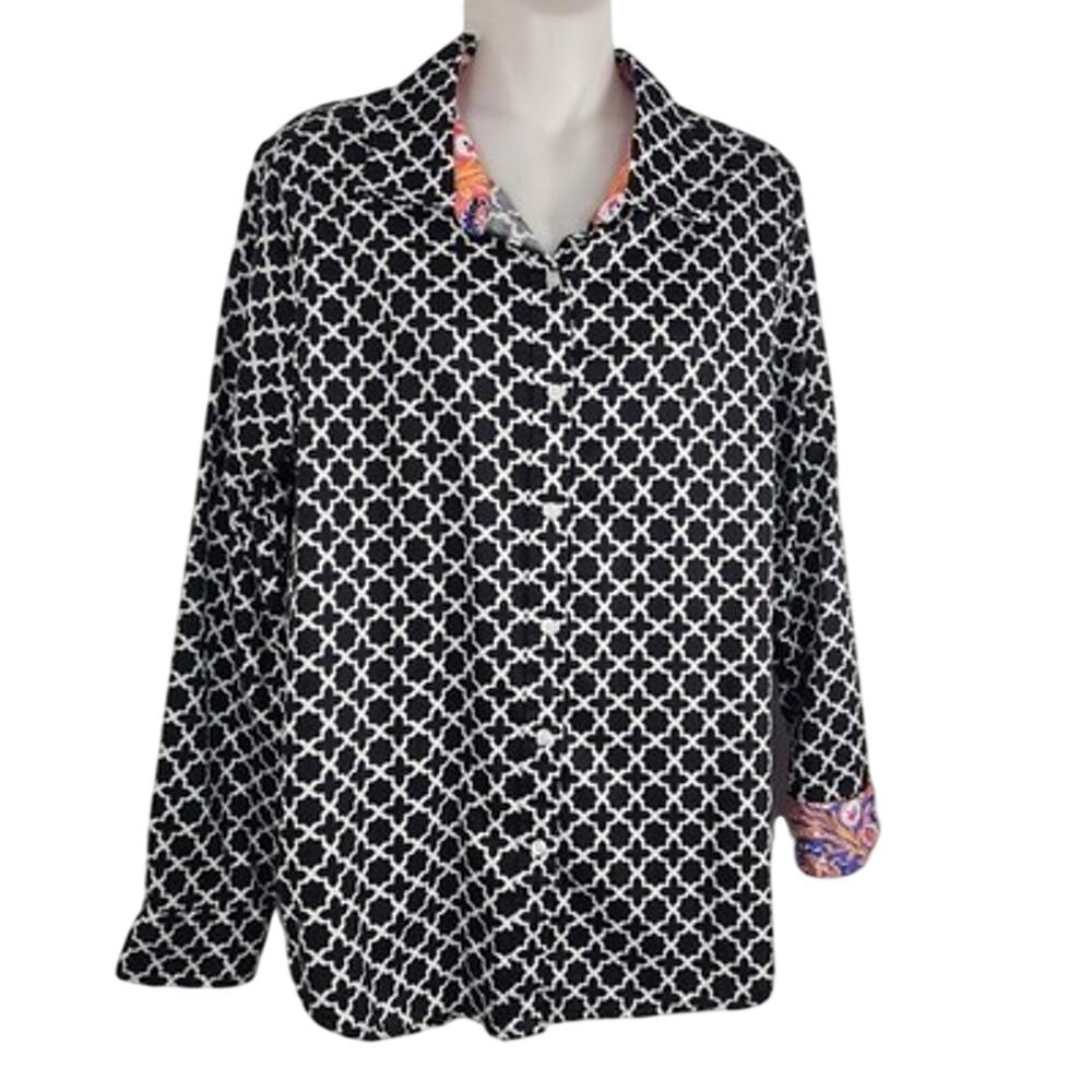 Ruby Rd Women Shirt 12 Geo Lattice Trellis Button Wrinkle Resistant Flip Cuff